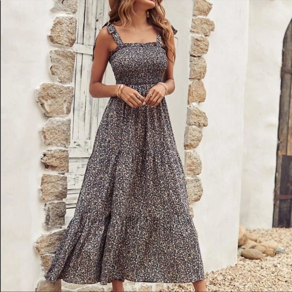 Boho floral tie shoulder shirred ruffle hem dress - Picture 11 of 13